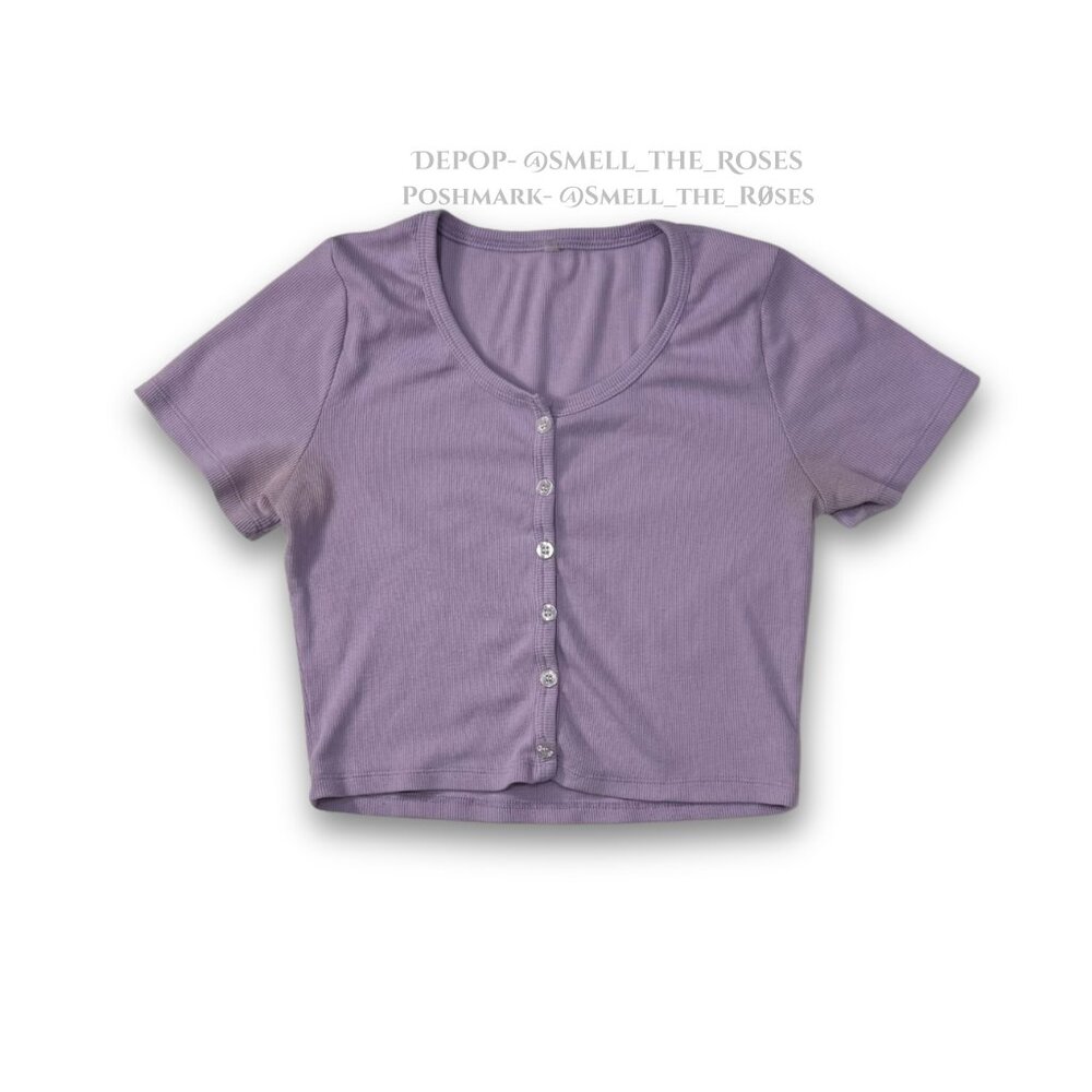 Cropped Button Up Baby Tee | Women's XS | Lavender Ribbed T-Shirt